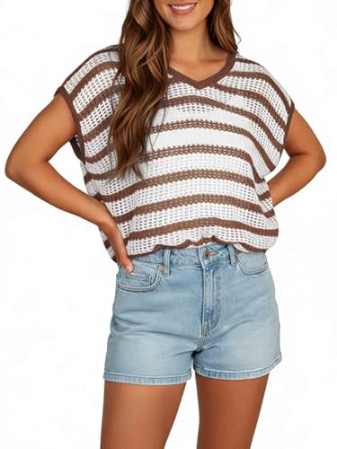 Yousify Womens Summer Crochet Tops Cap Sleeve Knit Pullover Sweater Vest V Neck Cover Ups Beach Vacation Clothes
