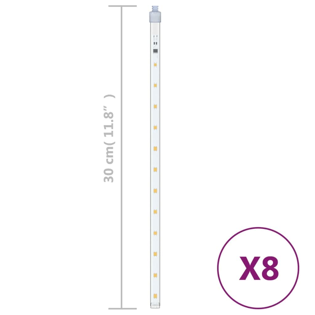 vidaXL Meteor Lights, 8 Pcs with 192 Warm White LEDs, Water-Resistant Plastic, 11.8in Tubes, Model 328544, Indoor/Outdoor Use