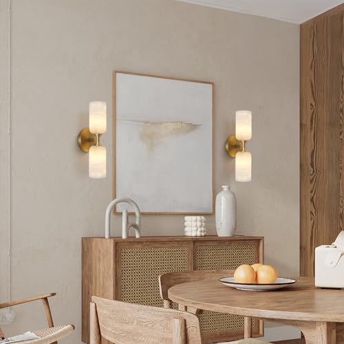 Alabaster Wall Sconce 14In Modern Spanish Natural Marble Bathroom Vanity Sconces Antique Brass Sconces Wall Lighting Gold Wall Light Fixtures Decor For Bedroom Living Room Staircases Hallway
