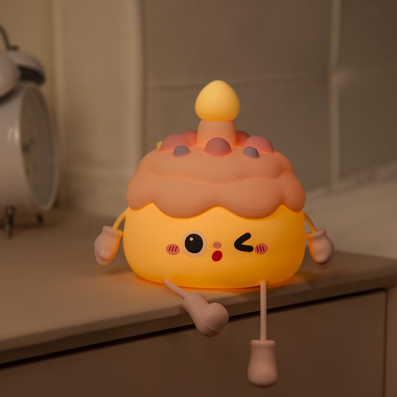 Birthday Cake Night Light Girls Cute Holiday Gift USB Rechargeable Bedside Bedroom Pat Lamp Soft Silicone Stuff for Christmas Ne