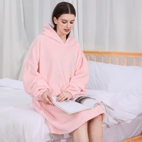 Pink Sherpa Wearable Blanket Hoodie,Oversized Blanket Hooded, Cozy Soft Plush Hooded Blanket for Adult, Warm Christmas Bir...