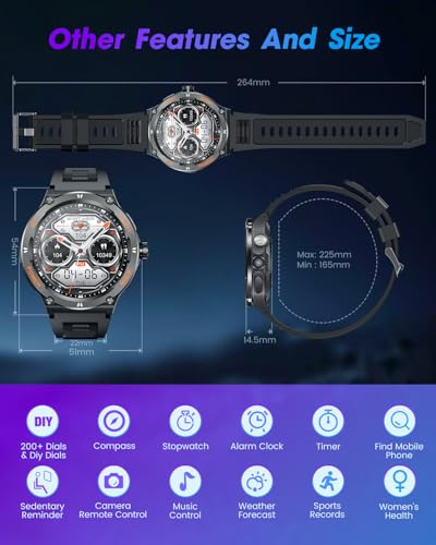Smartwatch for Men Android Fitness Tracker: 1.53" Military Smart Watch with Flashlight Compass Make Answer Bluetooth Call ...