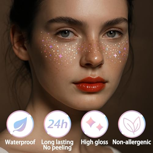 fernfern 12 Sheets Glitter Freckles Stickers for Face and Body, Star and Heart Face Tattoo for Women and Girls, Long Lasti...