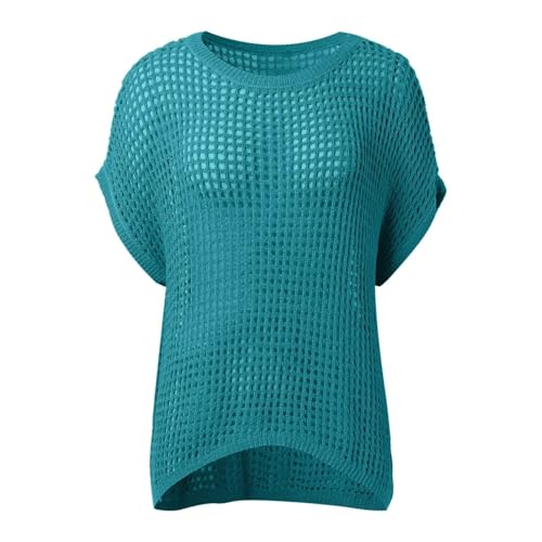 Womens Summer Scoop Neck Short Sleeve Shirts Casual Off The Shoulder Crochet Hollow Out Knit Top Pullover Beach Cover Up