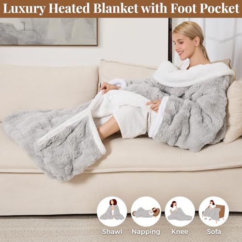 Wearable Heated Blanket, Luxury Faux Fur & Sherpa Electric Throw Blanket with Sleeves, Foot Pockets, Heated Robe for Women...