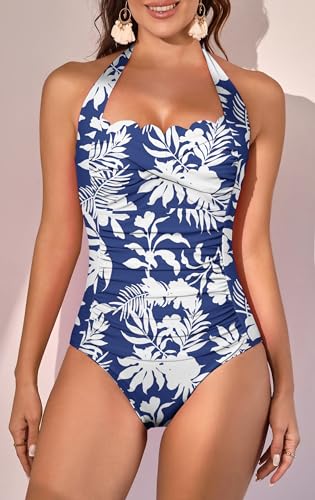 Eomenie Women One Piece Tummy Control Swimsuit Halter Scallop Trim Bathing Suits 1 Piece Vintage Ruched Slimming Swimwear