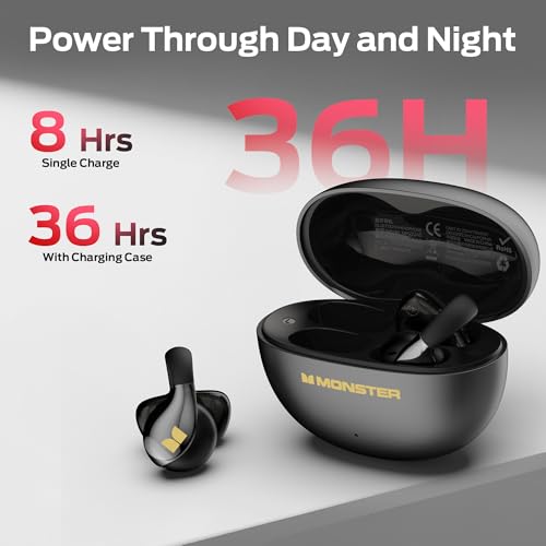 Monster Open Ear AC225 Earbuds, Stereo Sound, Bluetooth 6.0 Open Ear Headphones, Lightweight Comfort Clip-On Earbuds with ...