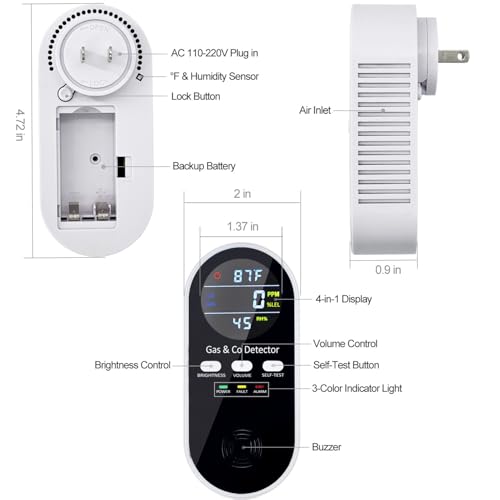 5-in-1 Upgraded Plug in Carbon Monoxide Detector and Natural Gas Detector, KH Alert Portable Carbon Monoxide Detector & Gas Leak Detector with 9V Battery Backup, CO Detector with ℉ & Humidity for Home