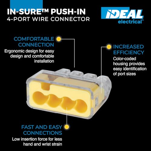 IDEAL Electrical 30-1034P In-Sure Push-In 4 Port Wire Connectors, 12-20 AWG Solid, Yellow (100 Pack)