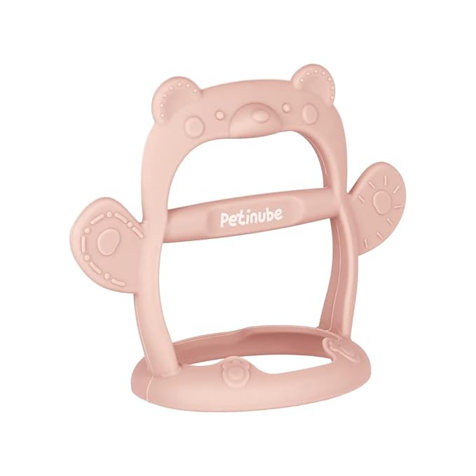 Baby Wrist Silicone Teether Soothing Pacifier for Infants 3+ Months Babies Made in Korea Anti-Dropping (Bear-Pale Peach Pack of 1)