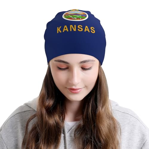 sackhg Kansas State Flag Print Winter Beanie Hat Men Women Soft Lightweight Thermal Cap for Outdoor Skiing Wear Black