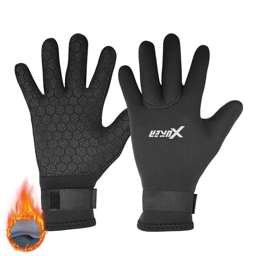XUKER Neoprene Water Gloves, Winter Fleece-Lined 3mm Five Finger Warm Wetsuit Winter Gloves for Scuba Diving Snorkeling Su...