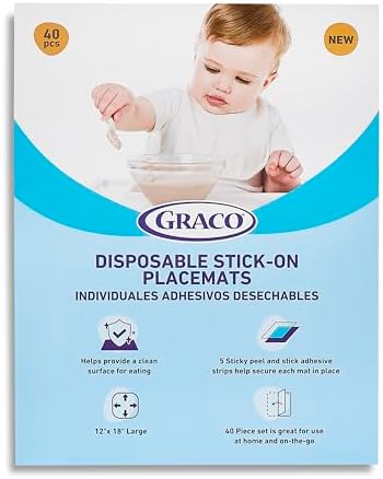 Graco Baby Disposable Stick-On Placemats, 4 Subtle Designs (10 Each), 12"x18" Sticky Placemats with Adhesive Strips for Baby Led Weaning, Home & Restaurant Use, Eco-Friendly