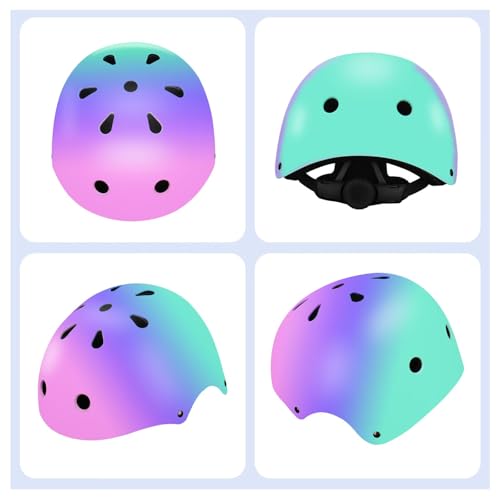 Color Gradient Adjustable Kids Bike Helmet with Knee & Elbow Pads Set | Multi-Sport Safety Gear for Boys & Girls Ages 5-14...