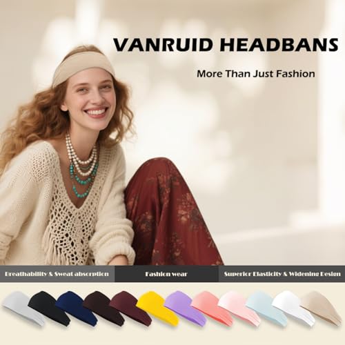 Headbands for Women, 12PCS Wide Stretchy Sports Hair Bands, Elastic Soft Fashion Head Bands, Non-Slip Running Sweatbands f...