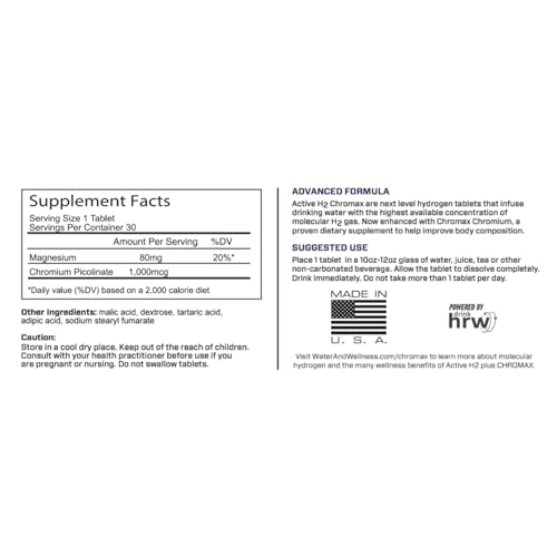Active H2+ Chromax – Hydrogen Water Tablets with Chromium – Supports Metabolism and Energy – Molecular Hydrogen and Chromi...
