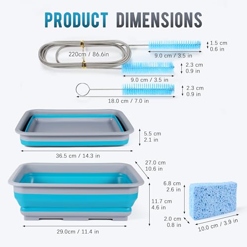 Tacare CPAP Cleaning kit Hose and Mask Brush with Collapsible Wash Basin Tub,Sponge and Storage Hag,6.9ft Extra Long Hose Brush, Compatible with 15mm and 22mm Hoses