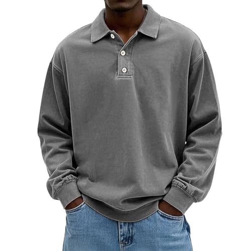 Men's Vintage Rugby Polo Shirt Long Sleeve Collared Thermal Pullover for Casual Work & Golf