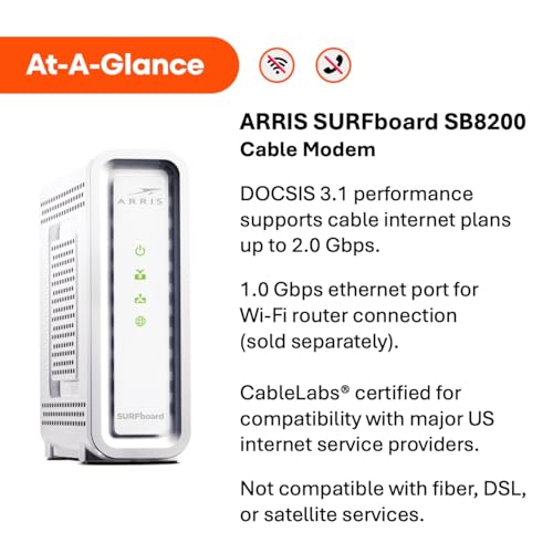 ARRIS SURFboard SB8200 DOCSIS 3.1 Multi‑Gig Cable Modem | 2 -1Gbps Ethernet Ports | Works with Xfinity, Cox, Spectrum | For Cable Internet Plans up to 2Gbps | Modem Only, Router Required