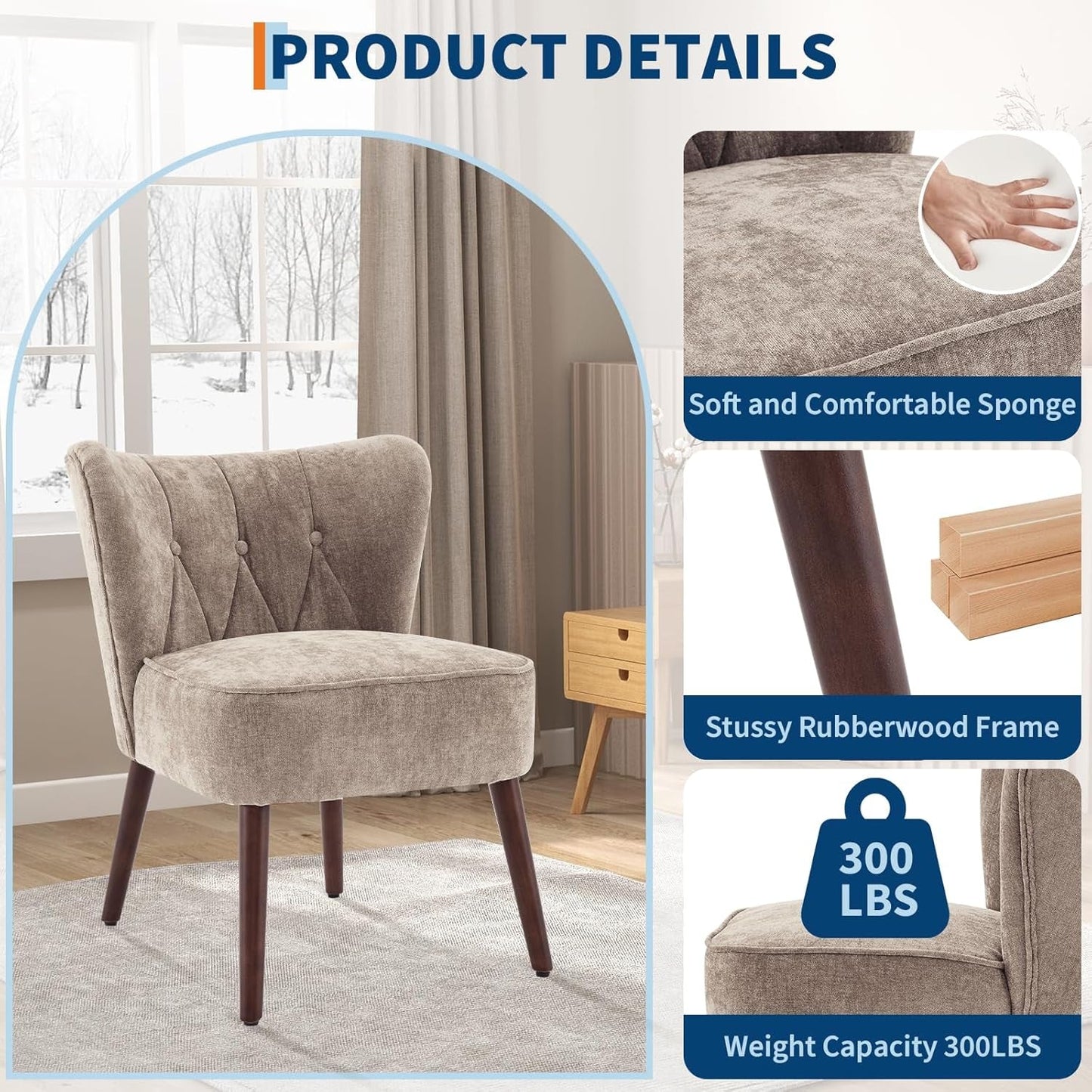 Accent Chairs for Living Room, Mid-Century Wooden Fabric Living Room Chairs, Side Chairs for Living Room, Bedroom, Reading Nook