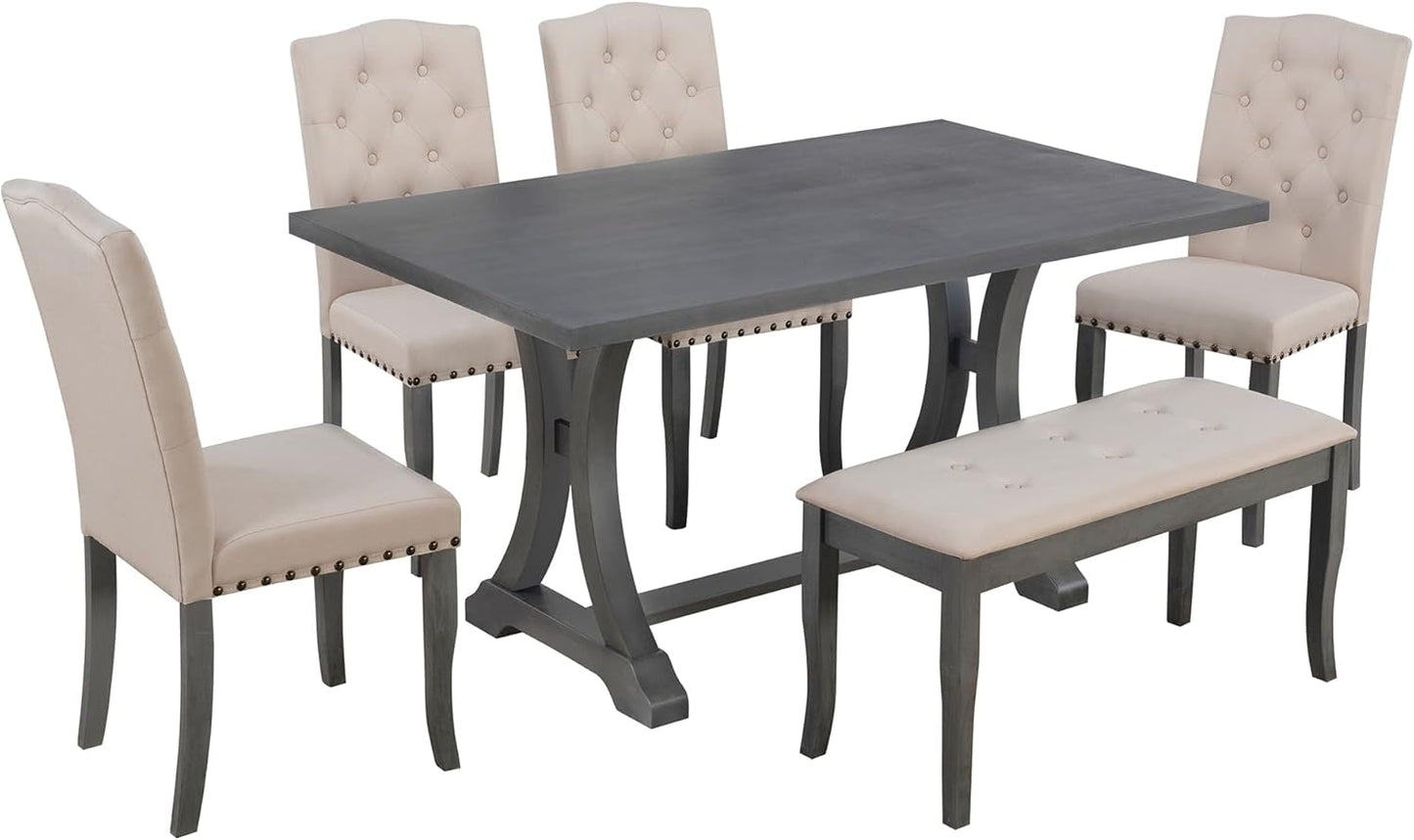 Dining Table Set for 6, Kitchen Table Set with Chairs and Bench, 6 Piece Solid Wood Dining Room Set with Trestle Table Legs for Kitchen, Dining Room (Antique Grey)