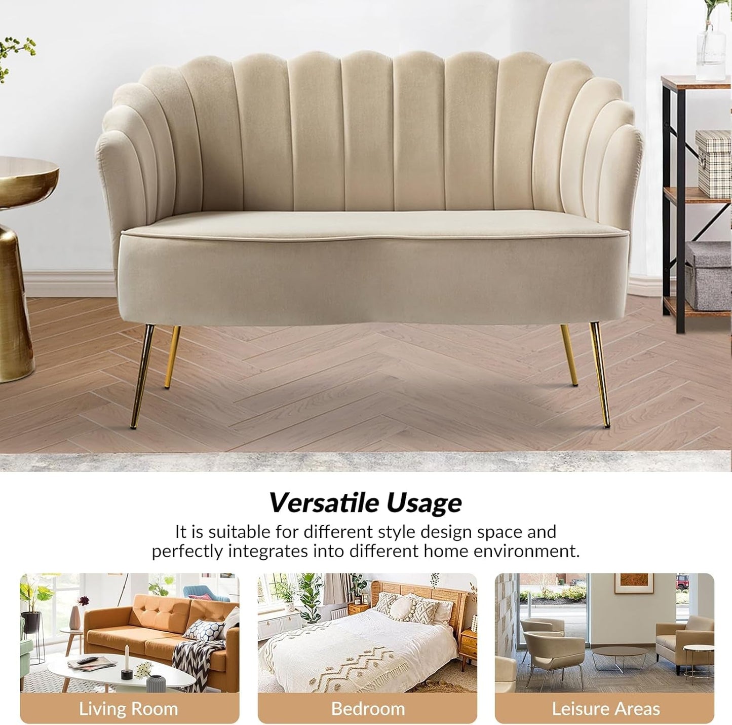 Modern Velvet Loveseat Sofa with Flower Shaped Back, Comfy Upholstered 2-Seater Sofa with Gold Metal Legs, Small Love Seat Accent Couch for Living Bedroom Leisure Areas, Tan