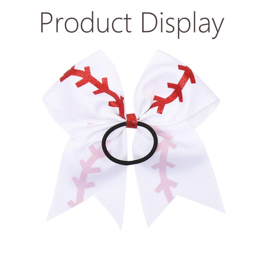 16PCS 8 Large Cheer Hair Bows Ponytail Holder Elastic Band Handmade for Cheerleading Teen Girls College Sports (Baseball White,