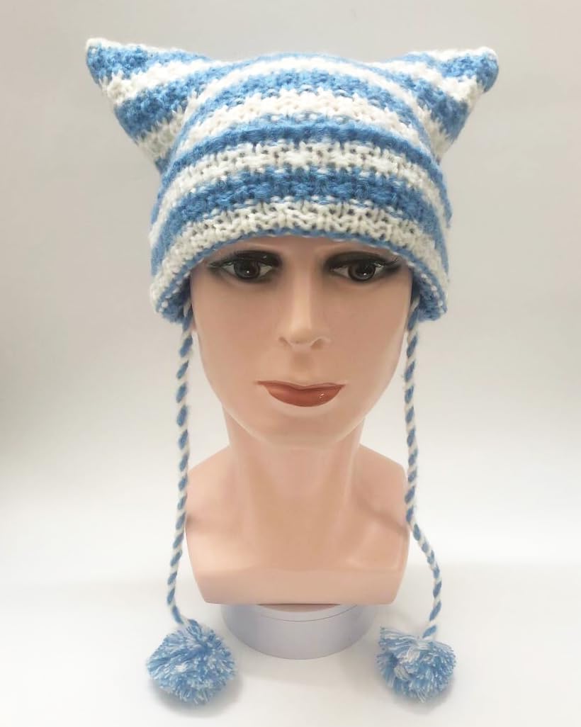 yolrdiw Grunge Emo Clothes Accessories Cute Cat Ear Hat Striped Crochet Y2k Beanie Black Red