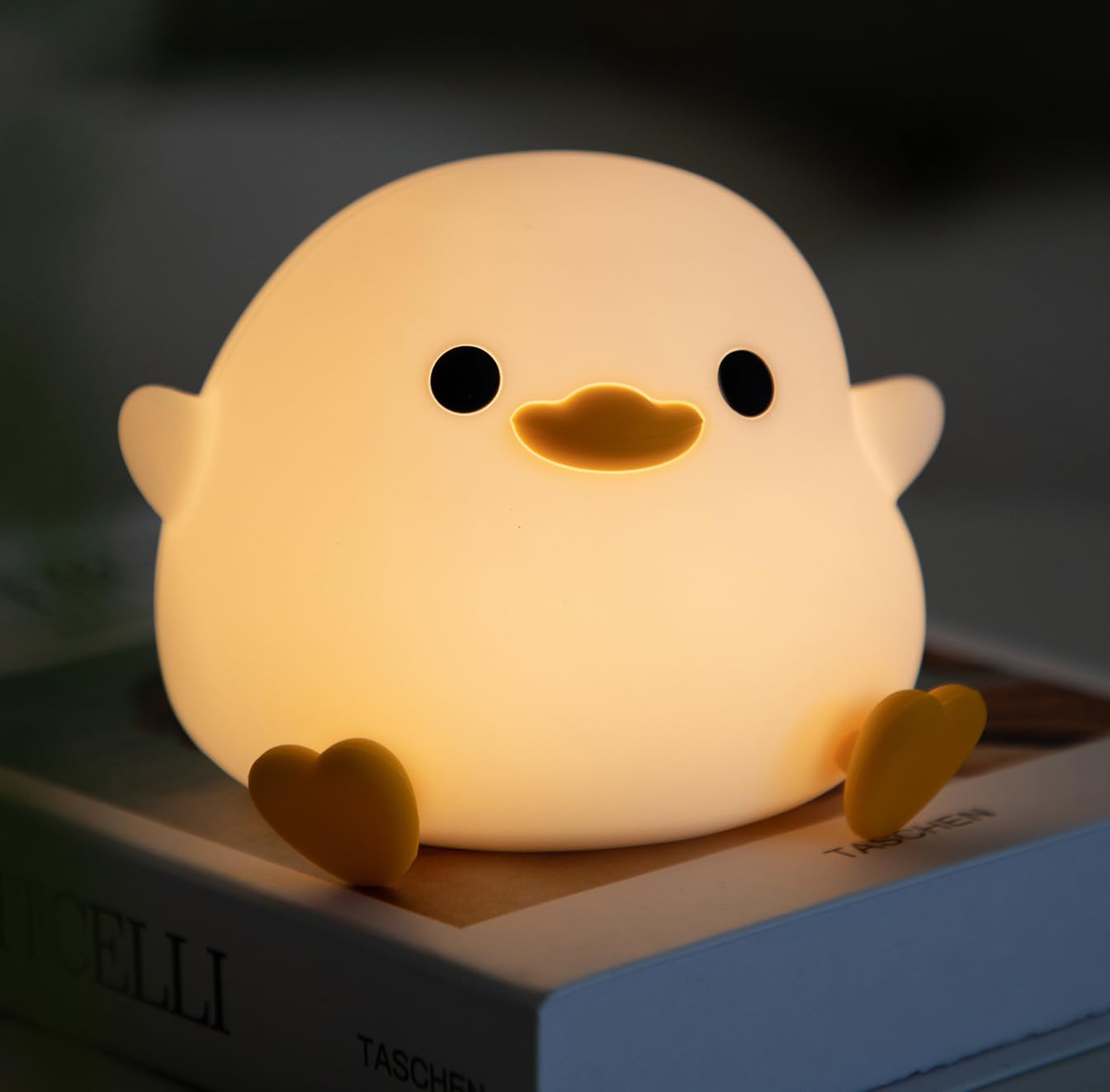HAPPYBAG Cute Pea Duck Night Light,Duck Lamp,2 Levels Dimmable Silicone Ducky Light,LED Squishy Animal Light for Kids Sleep,Rech
