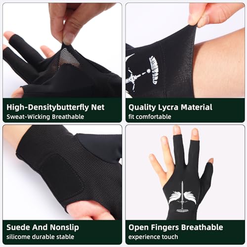 ANIMSWORD Breathable and Comfortable Billiard Pool Gloves Fits on Left Hand or Right Hand 3 Finger for Snooker Cue Sport G...