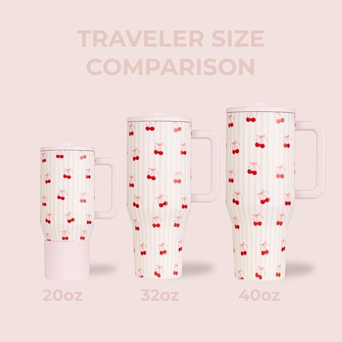 HydroJug Traveler - 32 oz Water Bottle with Handle & Flip Straw - Fits in Cup Holder, Leak Resistant Tumbler-Reusable Insulated Stainless Steel & Rubber Base - Gifts for Women & Men, Sweet Cherry