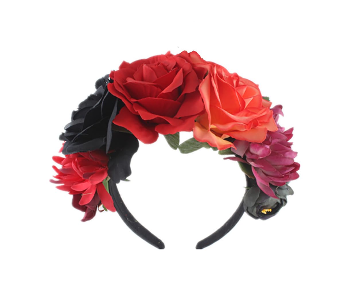 Lofruiin Women's Bohemian Rose Flower Crown Mexican Day of The Dead Headband Halloween Party Costume Headpiece (Black Red Orange