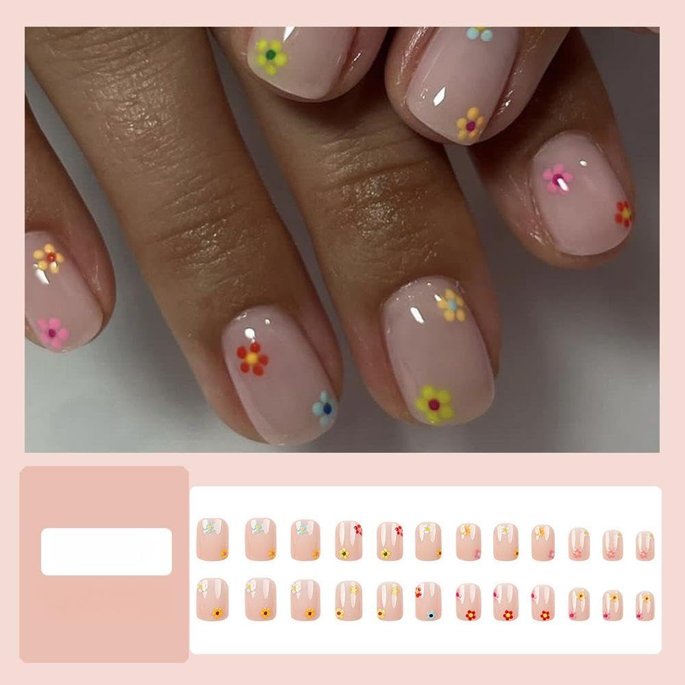 MRSCOL Press on Nails,Oval Press on Nails with 3D Multi-colored Flowers Design,Short Reusable 24pcs Nail Kit with Glue