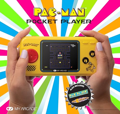 My Arcade Pocket Player Handheld Game Console: 3 Built In Games, Pac-Man, Pac-Panic, Pac-Mania, Full Color Display, Speaker, Volume Controls, Headphone Jack, Battery or Micro USB Powered, Yellow