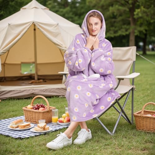 Wearable Blanket Gift for Women & Men Sherpa Flannel Blanket Hoodie Long Warm and Cozy Blanket with Giant Pocket,Daisy