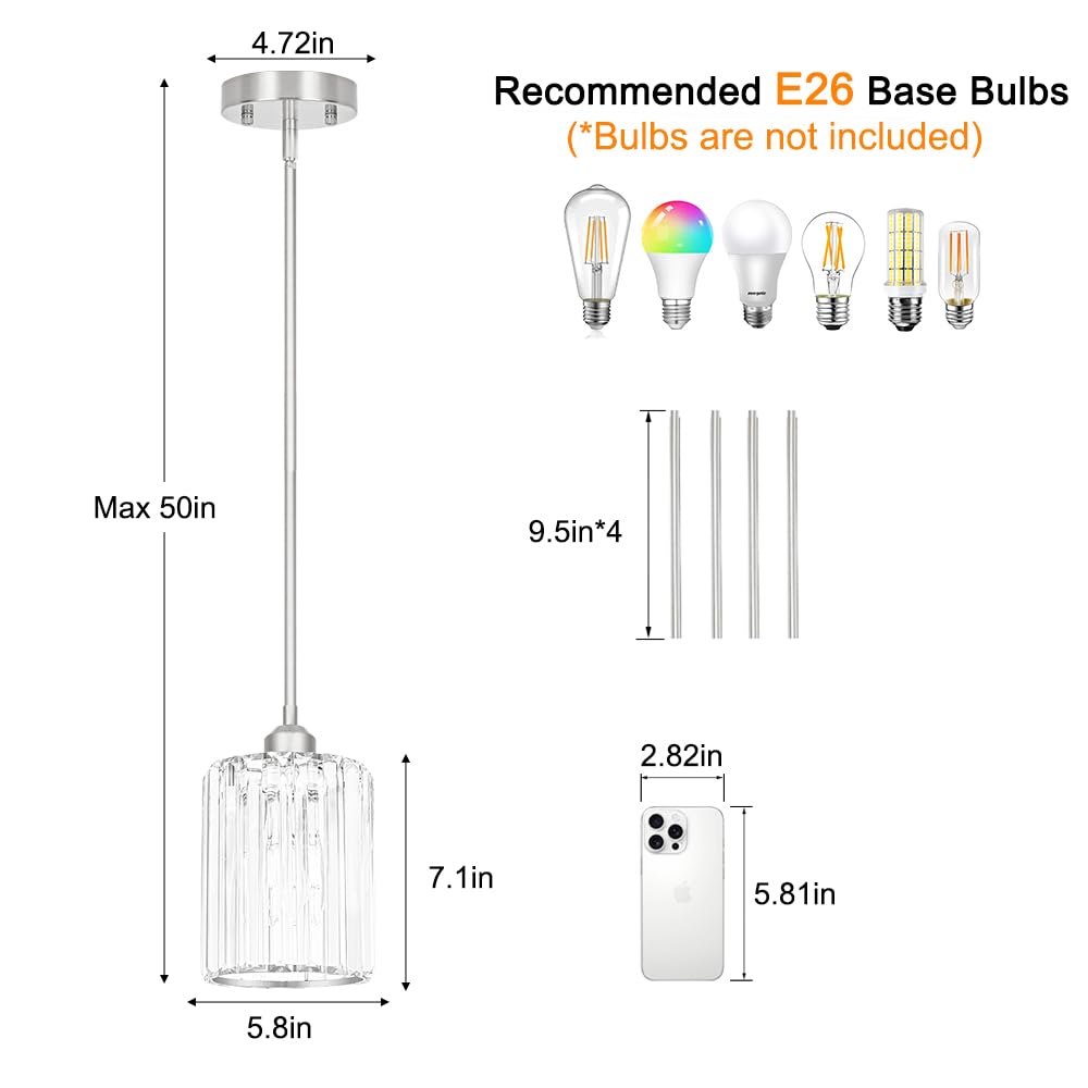 Lxybcce Chrome Kitchen Pendant Lights Over Island With Adjustable Rods - Crystal Pendant Lighting Fixtures 3 Pack Ideal Over Dining Table Or Bar E26 Bulb Compatible No Electrician Needed