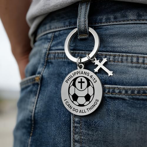 OFlyDesigns Christian Football Sports Keychain, Philippians 4:13 Engraved Inspirational Gift for Men Women Teens