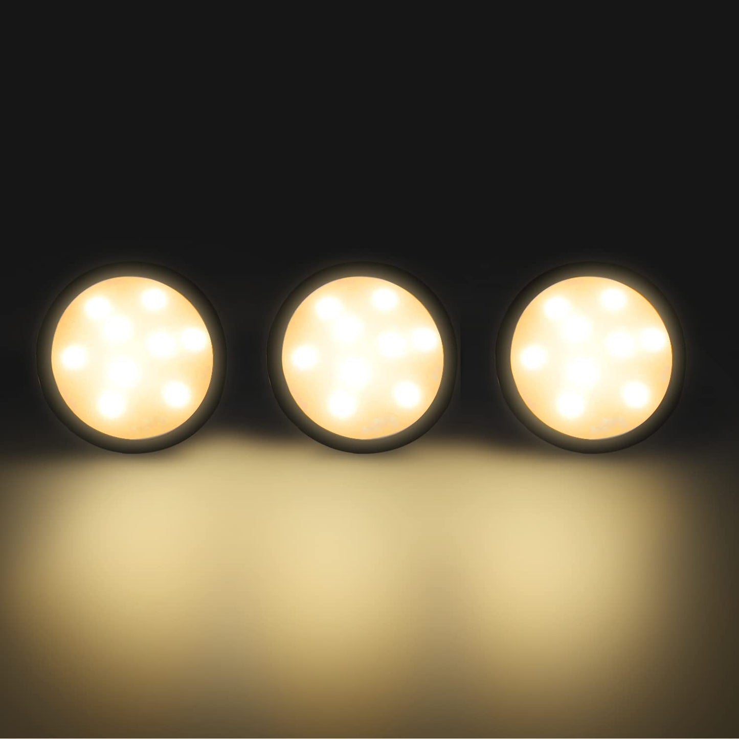 YGS-Tech LED Puck Lights, 3000K Warm White, Aluminum, 3-Pack, Touch Dimming, Under Cabinet Lighting, Black Trim