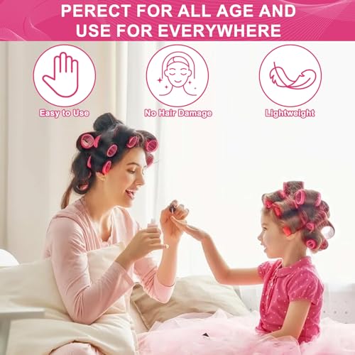 Hair Rollers, 12 Pack Hair Curler Small Hair Rollers for Women, Self Grip Hair Roller with Clips, Rose Red (Medium PLUS)