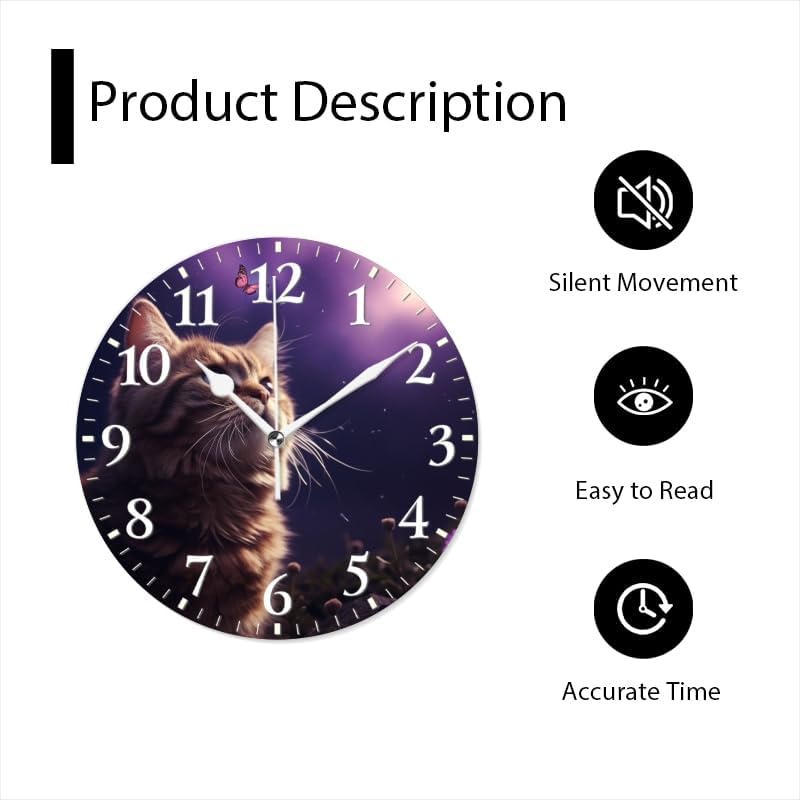 Cat Wall Clock Non-Ticking Silent Clocks Battery Operated Analog Decor Clock for Home-Cute Cat Gazing at Butterflies in The Sky(12inch)