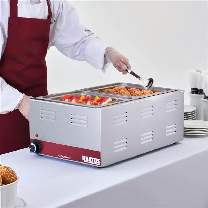 Kratos Commercial Electric Countertop Food Warmer/Cooker with Two Half Size Hotel Pans and Slotted Lids, 120V, 1500 Watts, Stainless Steel Portable Food Warmer with Pans