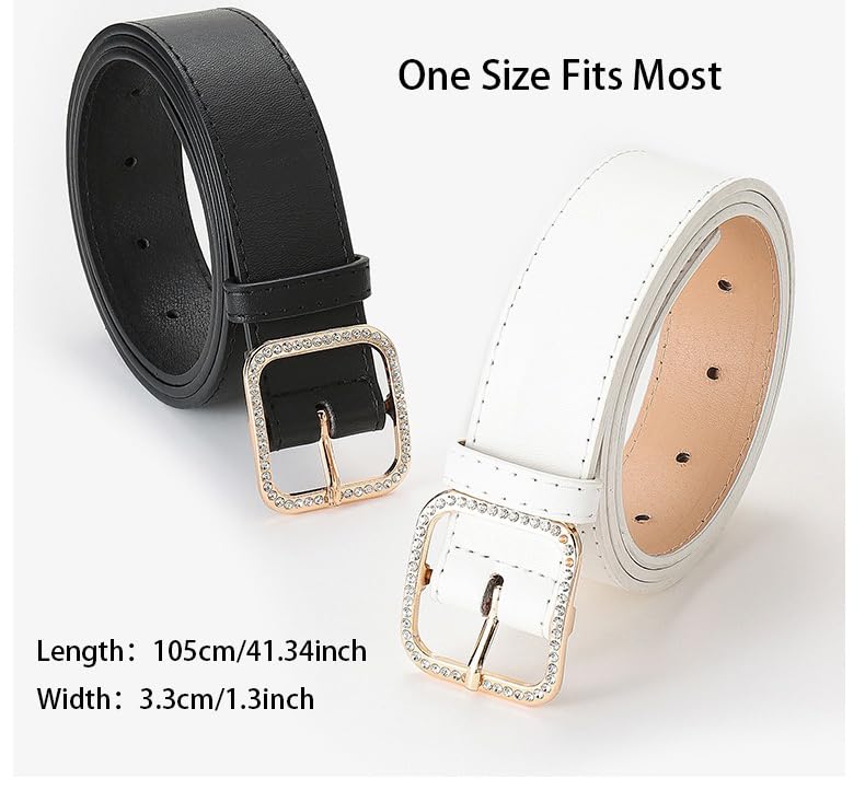 CT COTIM COYIN Women's PU Leather Belt with Square Crystal Diamond Buckle, Black