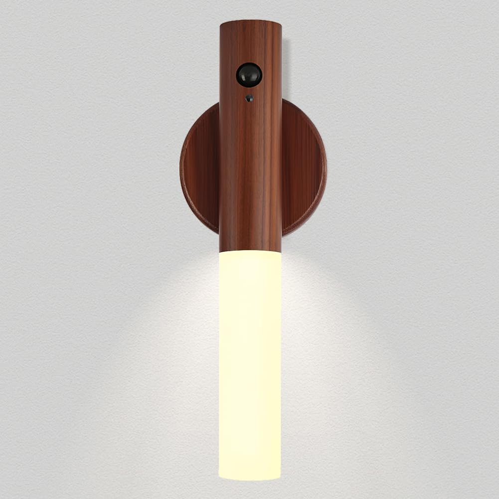 LANDGOO Wooden Nursery Night Light, LED Motion Sensor Nursing Lamp, USB Rechargeable Magnetic 360 Rotation Bedside Lighting for