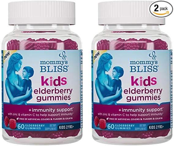 Mommy's Bliss Kids Elderberry Gummies, Supports Immunity with Black Elderberry, Zinc & Vitamin C, Gluten Free & Vegan, Age 2 Years+ (60 Count) (Pack of 2)