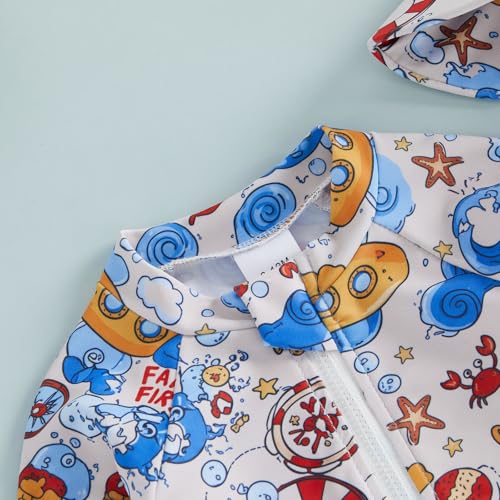 Baby Boy Rash Guard Swimsuit Color Block Long Sleeve Zipper One Piece Swimwear Toddler Bathing Suit + Shark Sun Cap