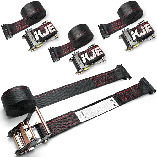 KJE E-Track Ratchet Straps, 4 Pack Black 2" x16' Heavy Duty Cargo Tie-Downs, 4500LBS Breaking Strength, Standard E Track F...