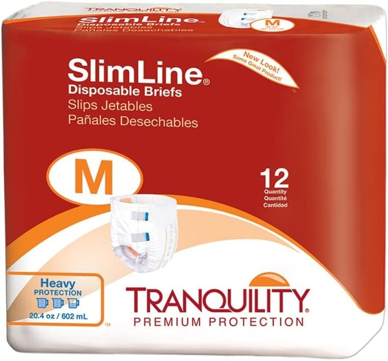 Tranquility Slimline Original Adult Disposable Brief, Adult Medium, Incontinence Care with a Slimmer Fit, Peach Mat Core & Kufguard Technology for Max Comfort, Latex-Free, 20.4oz Capacity, 96ct Case
