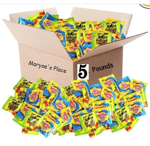 Christmas Bulk Candy Of 5 lb of Sours Patch For Kids And Swedish Fish Mini Soft And Chewy Candy Variety Snack Bulk Order. Indivi