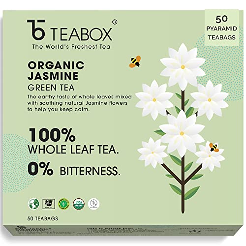 Teabox Organic Jasmine Green Tea 50 Teabags | Sourced From Madurai | For Calm Mind And Relaxation | Made With 100% Whole Leaf, N