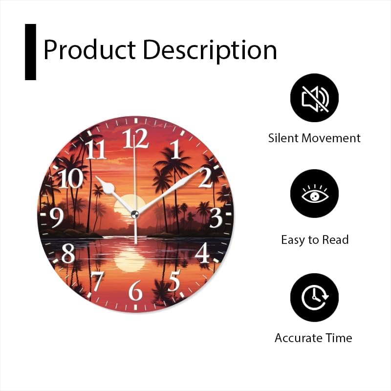 Sunset Wall Clock Non-Ticking Silent Clocks Battery Operated Analog Decor Clock for Home-Sunset with Palm Trees and Reflections On The Water(10inch)